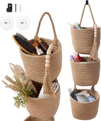 Wall Hanging Rope Baskets 3-Tier Boho Organizers (White & White)