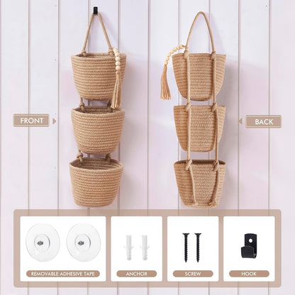 Wall Hanging Rope Baskets 3-Tier Boho Organizers (White & White)