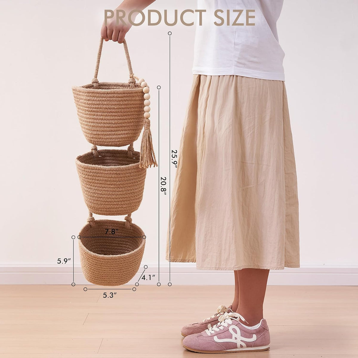 Wall Hanging Rope Baskets 3-Tier Boho Organizers (White & White)