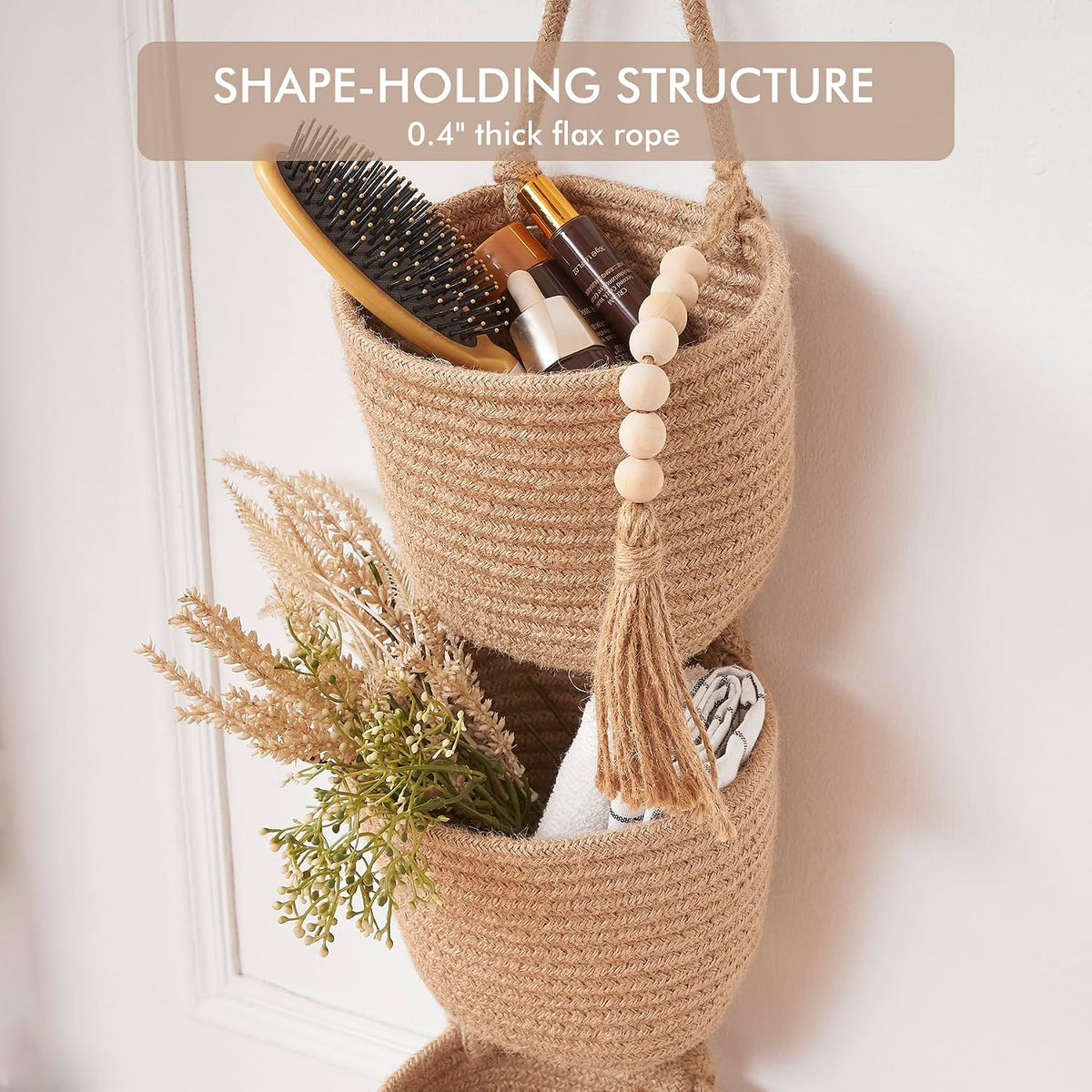 Wall Hanging Rope Baskets 3-Tier Boho Organizers (White & White)