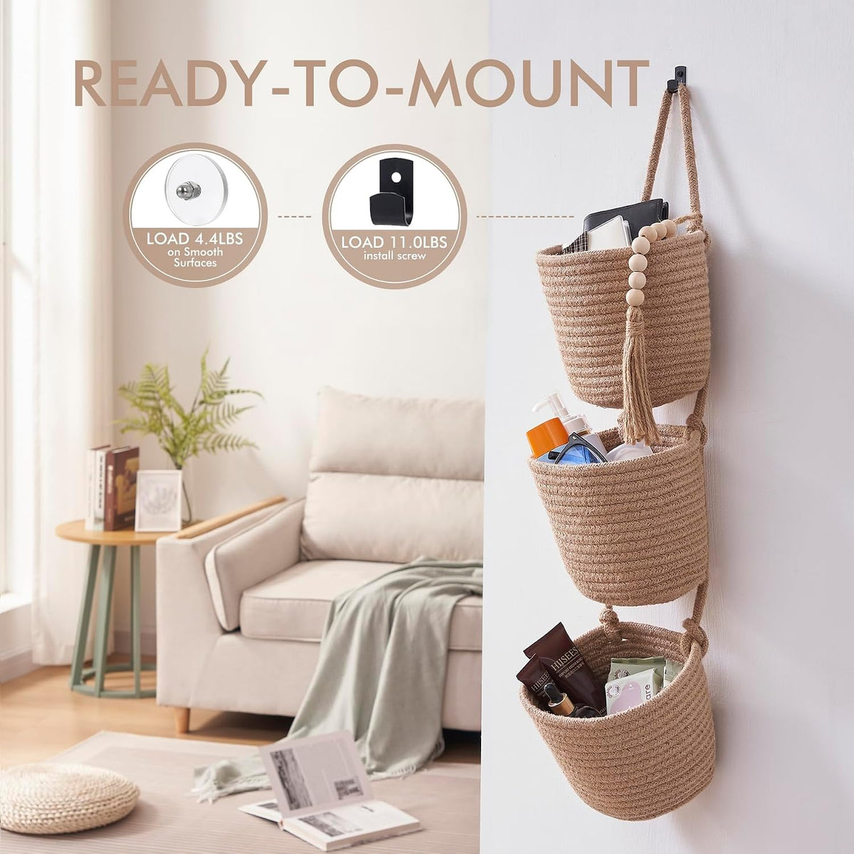 Wall Hanging Rope Baskets 3-Tier Boho Organizers (White & White)