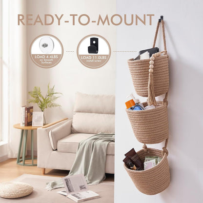 Wall Hanging Rope Baskets 3-Tier Boho Organizers (White & White)