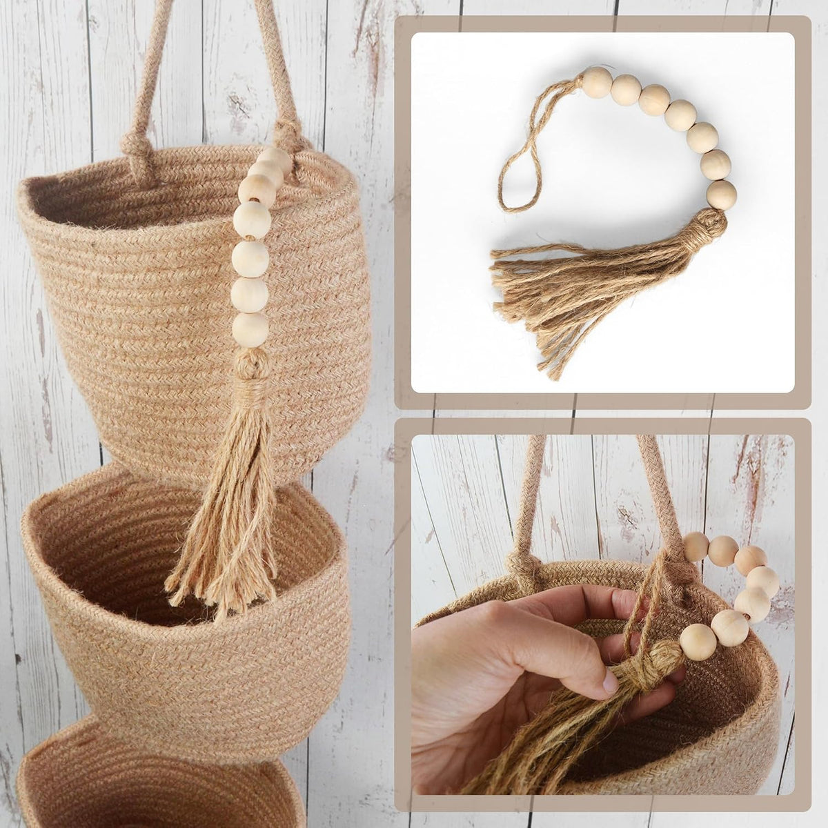 Wall Hanging Rope Baskets 3-Tier Boho Organizers (White & White)