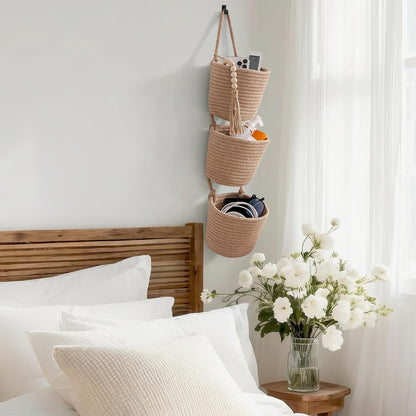 Wall Hanging Rope Baskets 3-Tier Boho Organizers (White & White)