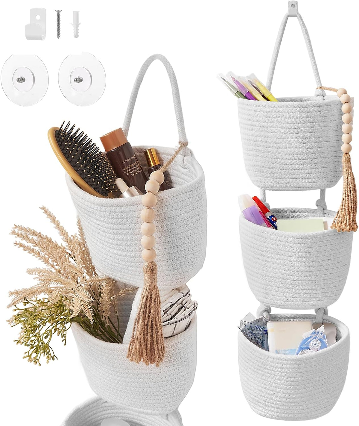 Wall Hanging Rope Baskets 3-Tier Boho Organizers (White & White)