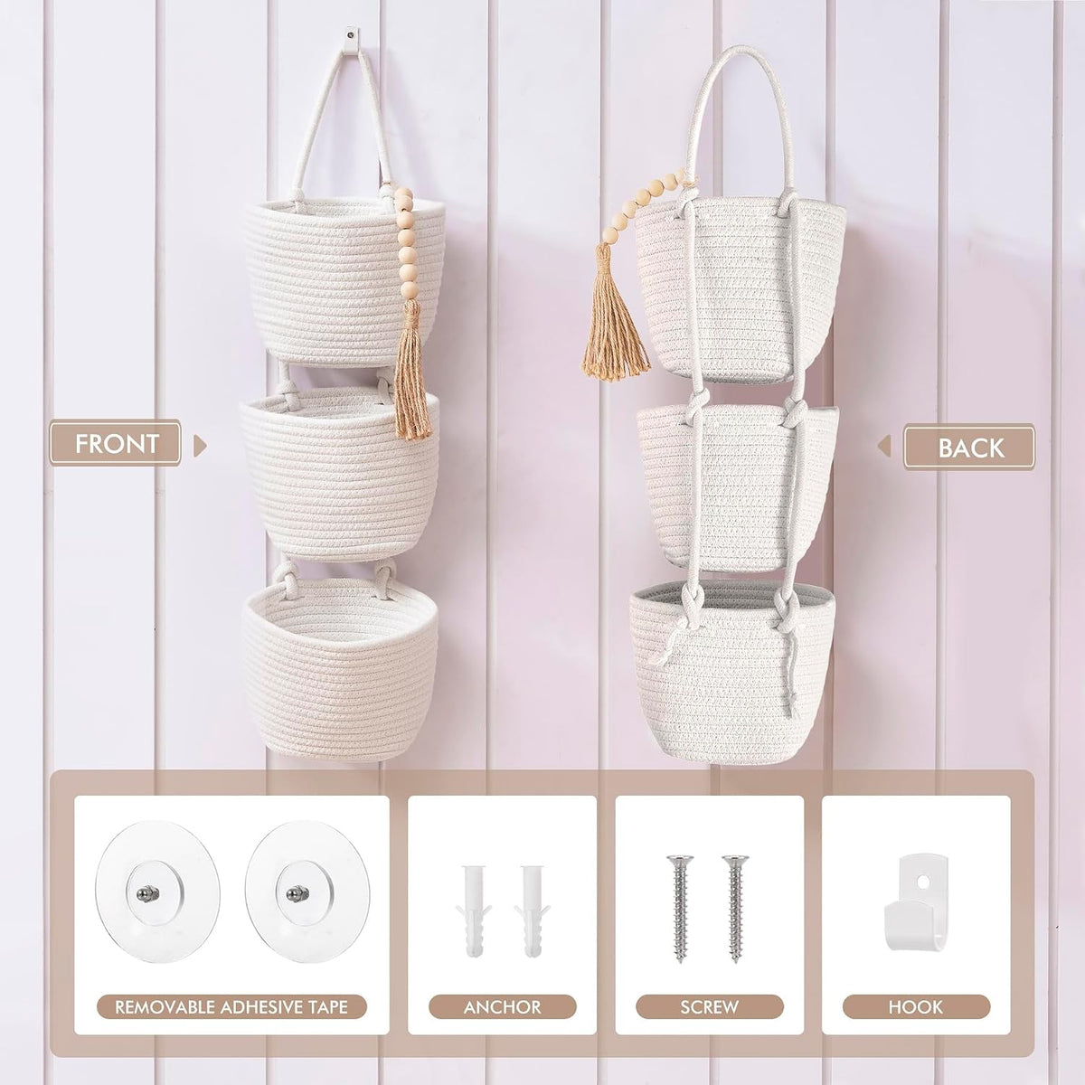 Wall Hanging Rope Baskets 3-Tier Boho Organizers (White & White)