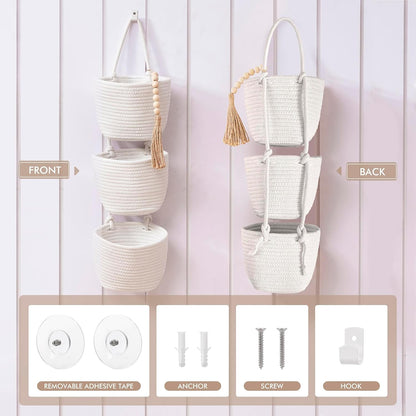 Wall Hanging Rope Baskets 3-Tier Boho Organizers (White & White)