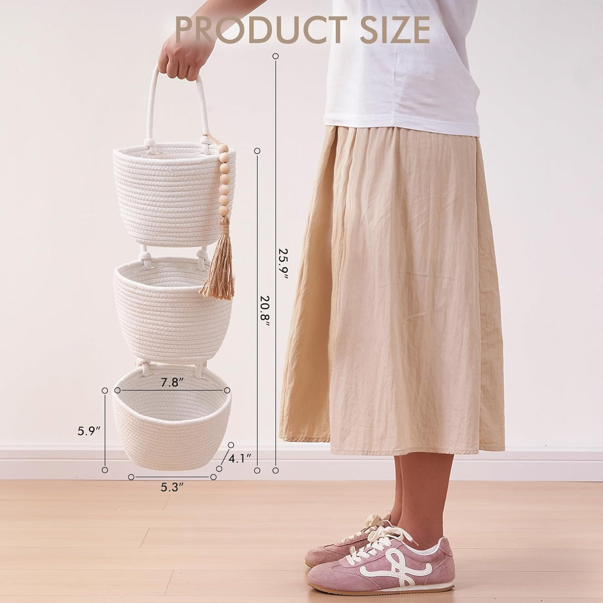 Wall Hanging Rope Baskets 3-Tier Boho Organizers (White & White)