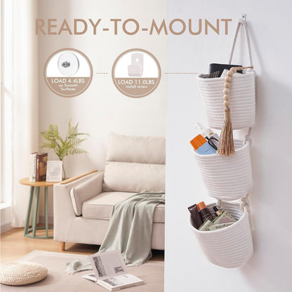 Wall Hanging Rope Baskets 3-Tier Boho Organizers (White & White)