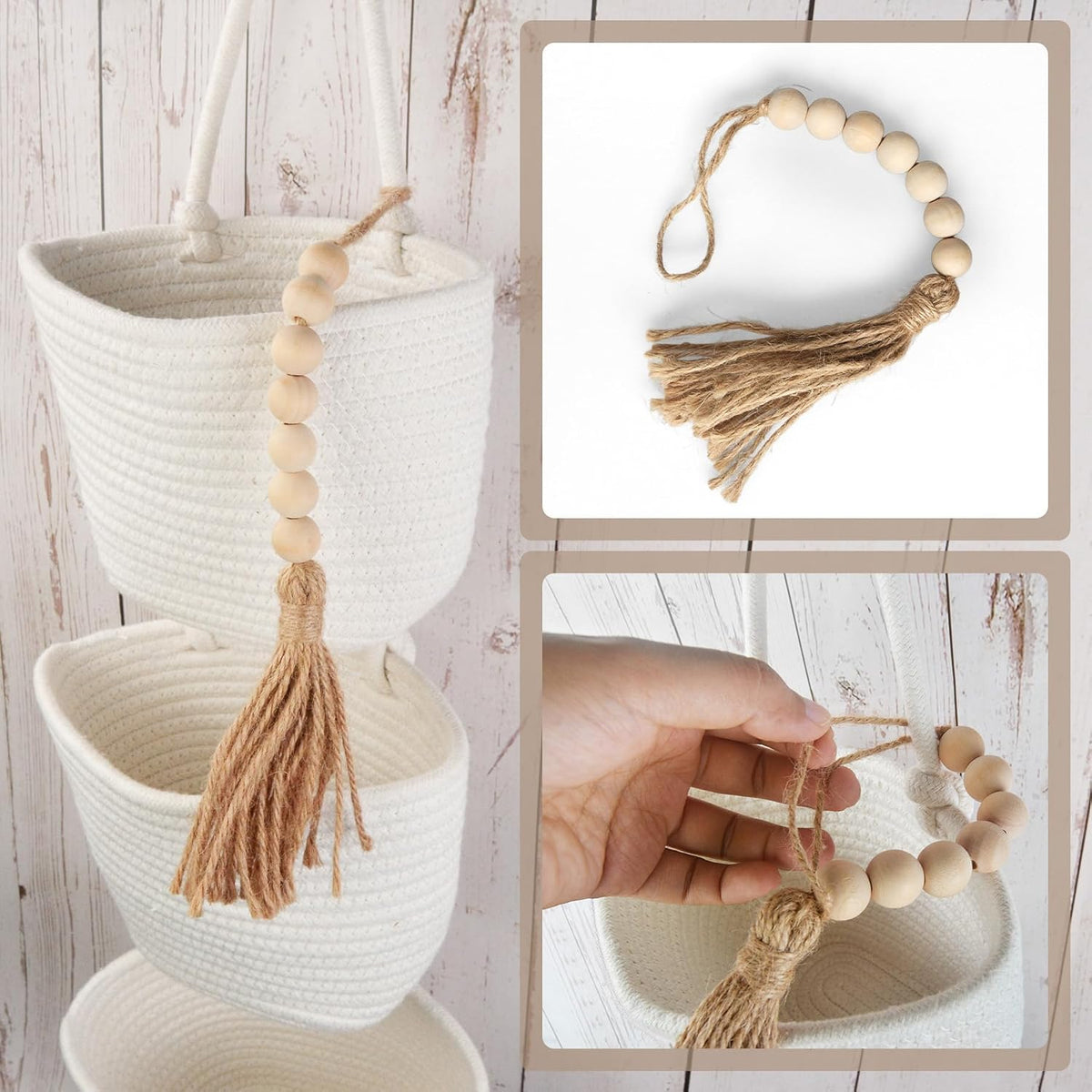 Wall Hanging Rope Baskets 3-Tier Boho Organizers (White & White)