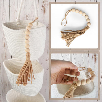 Wall Hanging Rope Baskets 3-Tier Boho Organizers (White & White)