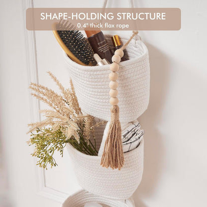 Wall Hanging Rope Baskets 3-Tier Boho Organizers (White & White)