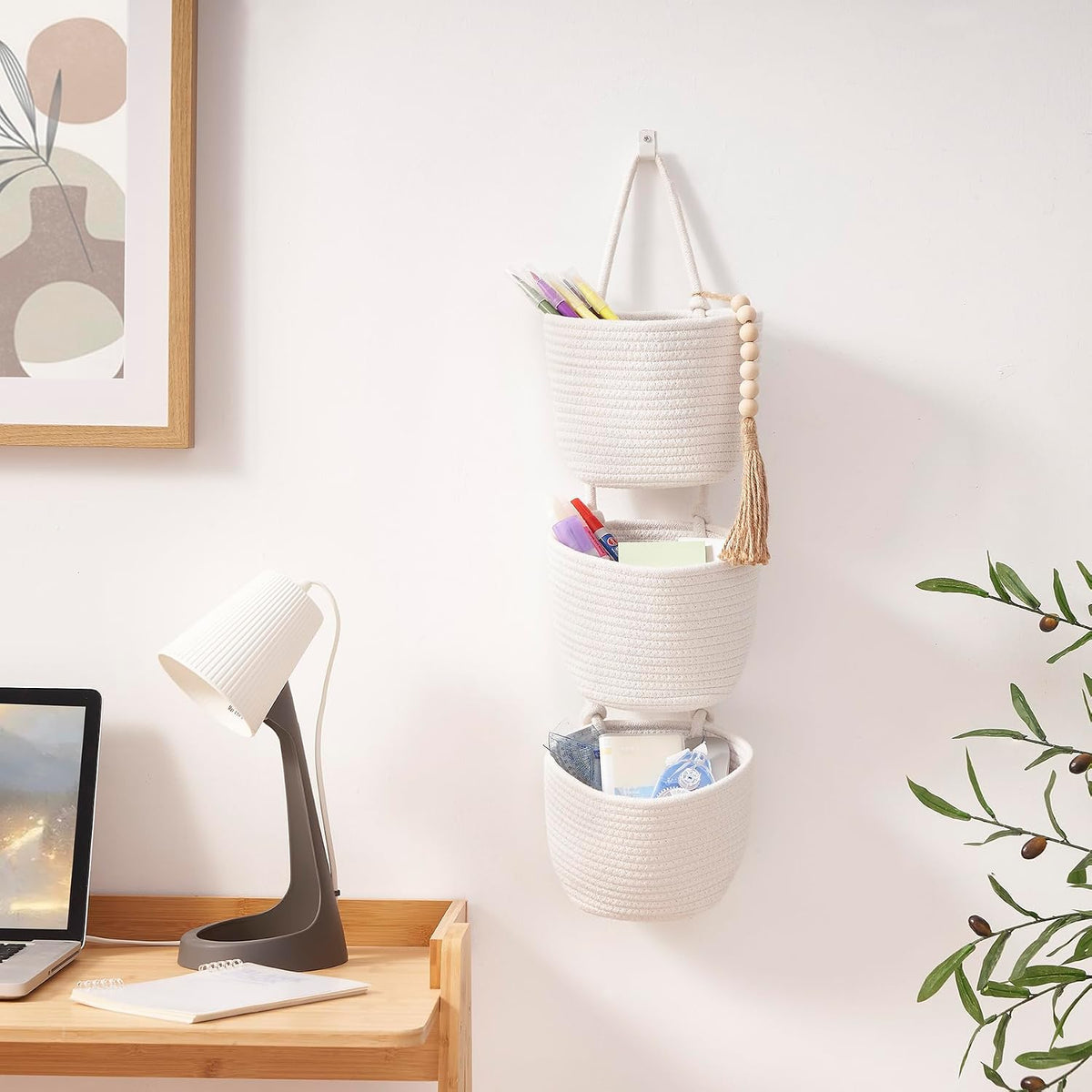 Wall Hanging Rope Baskets 3-Tier Boho Organizers (White & White)