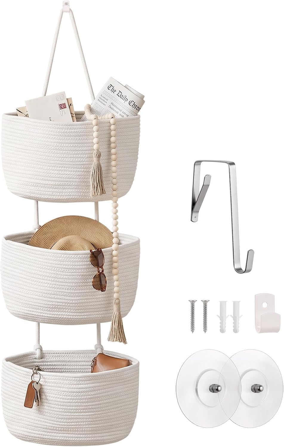 Wall Hanging Rope Baskets 3-Tier Boho Organizers (White & White)