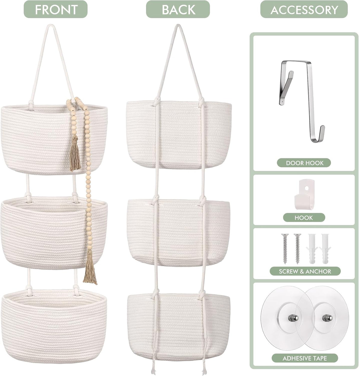Wall Hanging Rope Baskets 3-Tier Boho Organizers (White & White)
