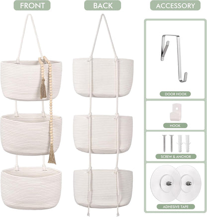 Wall Hanging Rope Baskets 3-Tier Boho Organizers (White & White)