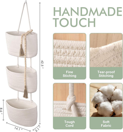 Wall Hanging Rope Baskets 3-Tier Boho Organizers (White & White)