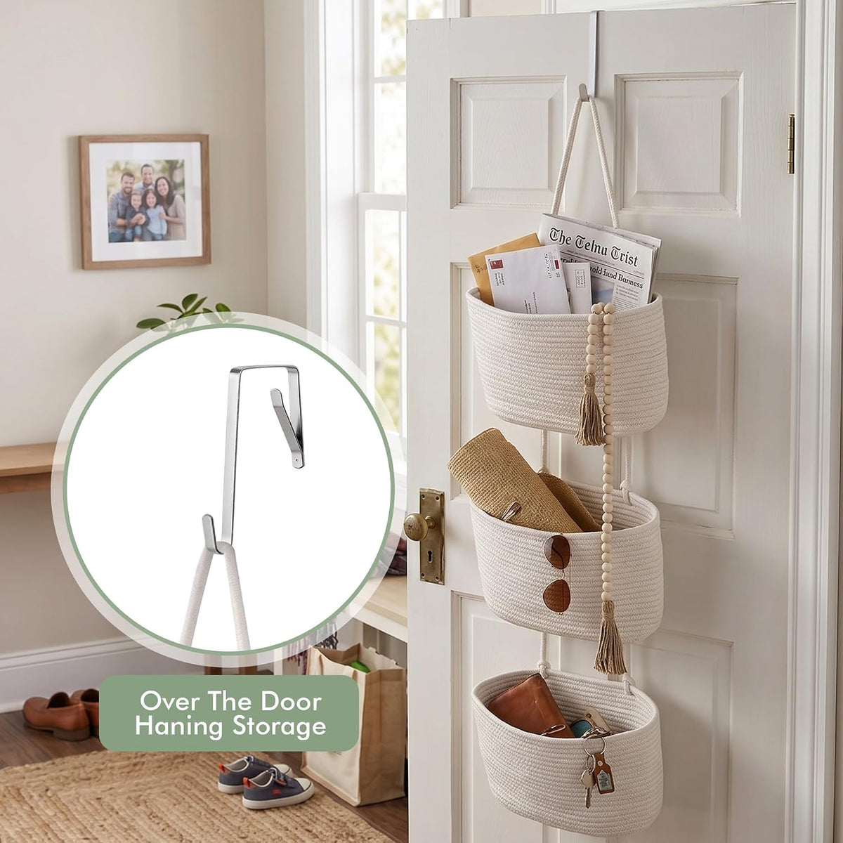 Wall Hanging Rope Baskets 3-Tier Boho Organizers (White & White)
