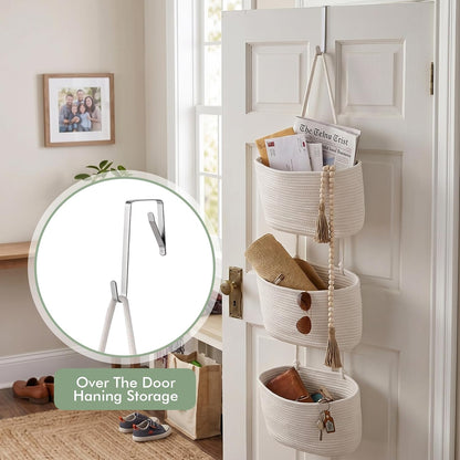 Wall Hanging Rope Baskets 3-Tier Boho Organizers (White & White)