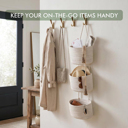 Wall Hanging Rope Baskets 3-Tier Boho Organizers (White & White)