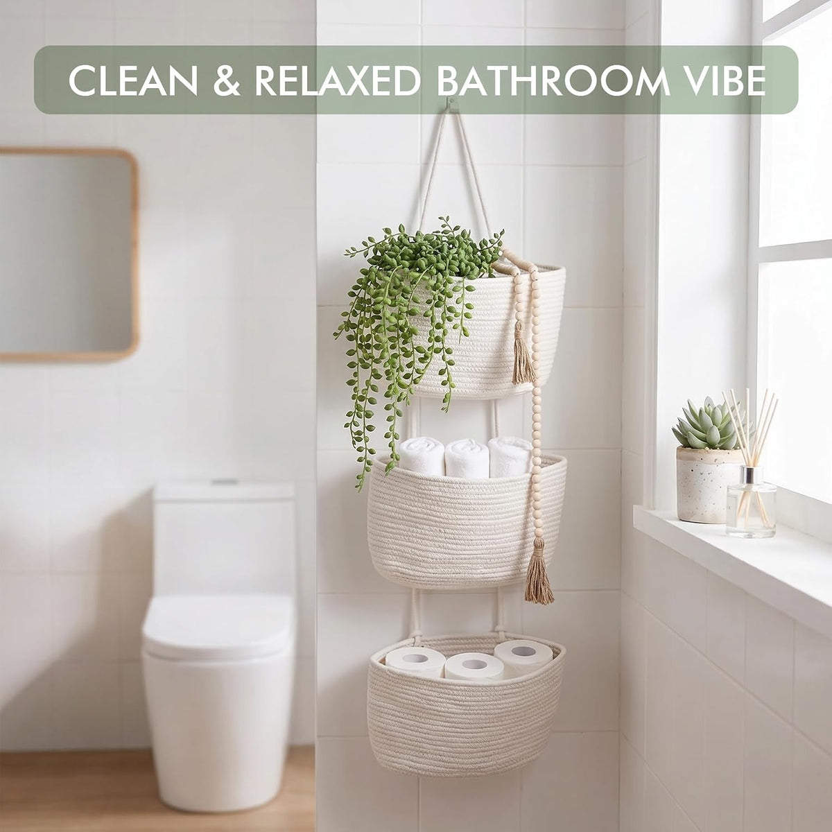 Wall Hanging Rope Baskets 3-Tier Boho Organizers (White & White)