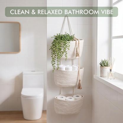Wall Hanging Rope Baskets 3-Tier Boho Organizers (White & White)