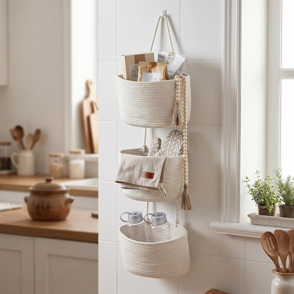 Wall Hanging Rope Baskets 3-Tier Boho Organizers (White & White)