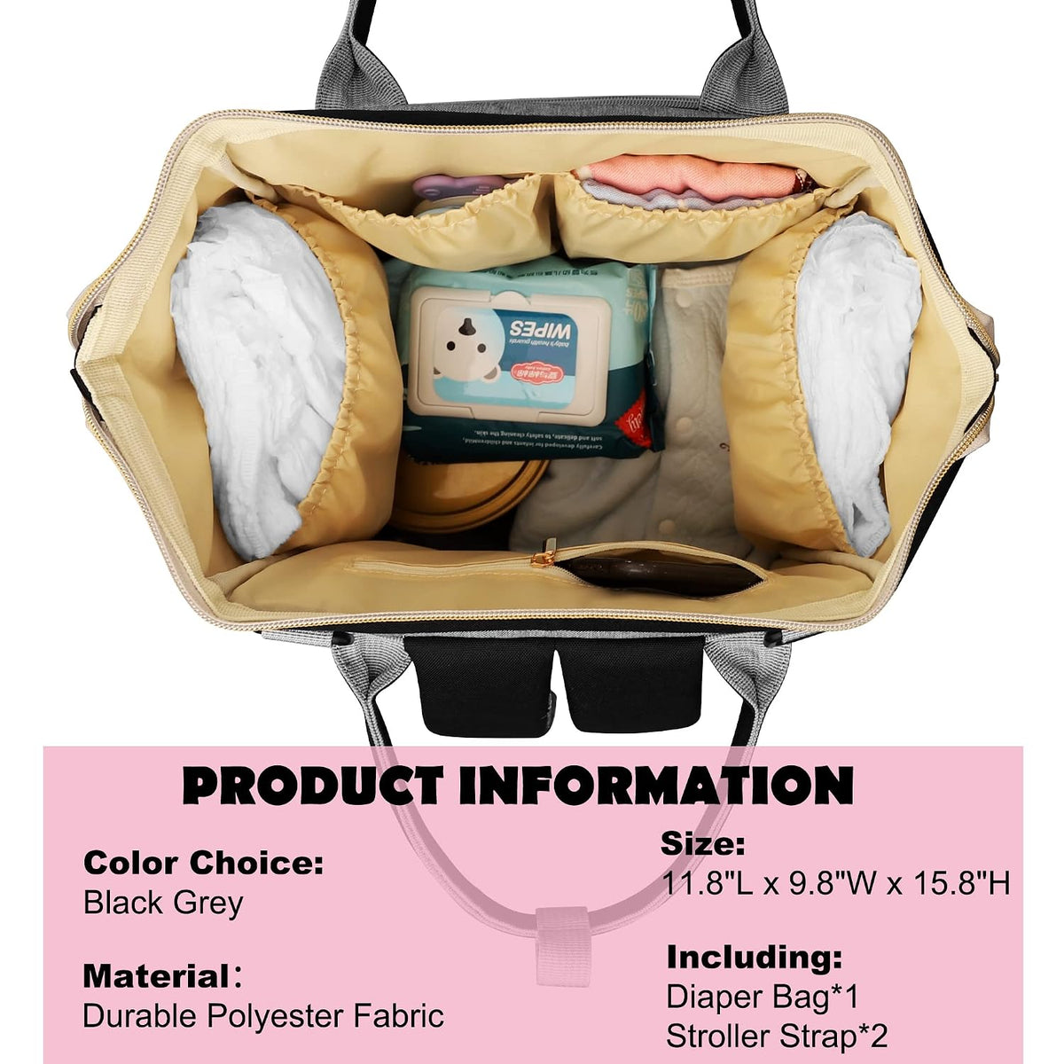 Femuar Diaper Bag Backpack Multifunction Maternity Nappy Baby Bag for Girls & Boys Large Capacity Travel Diaper Bags Dark Black