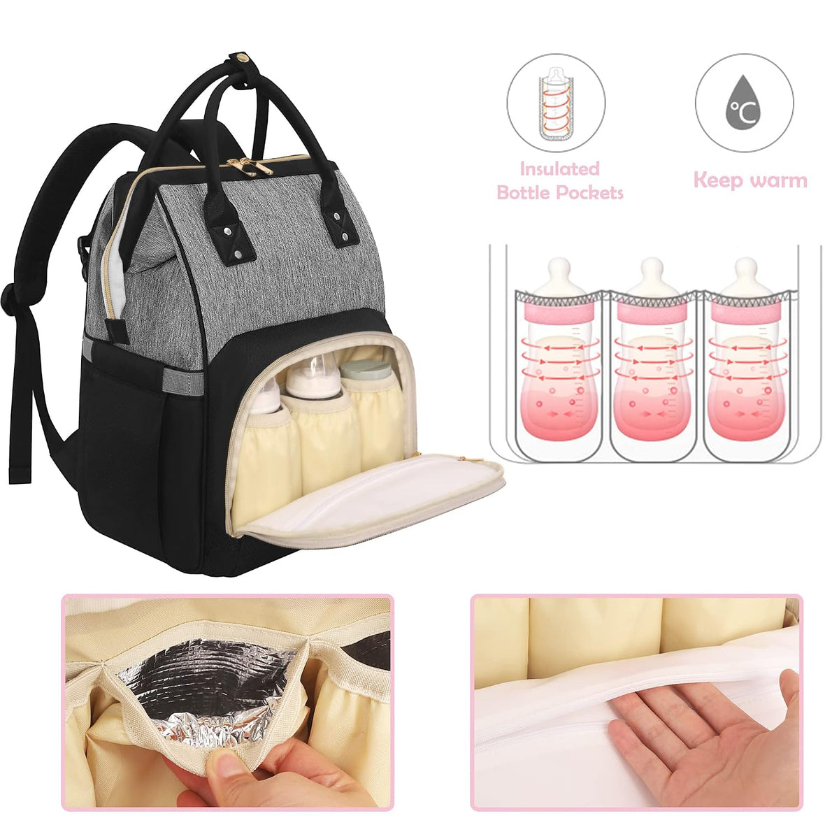 Femuar Diaper Bag Backpack Multifunction Maternity Nappy Baby Bag for Girls & Boys Large Capacity Travel Diaper Bags Dark Black