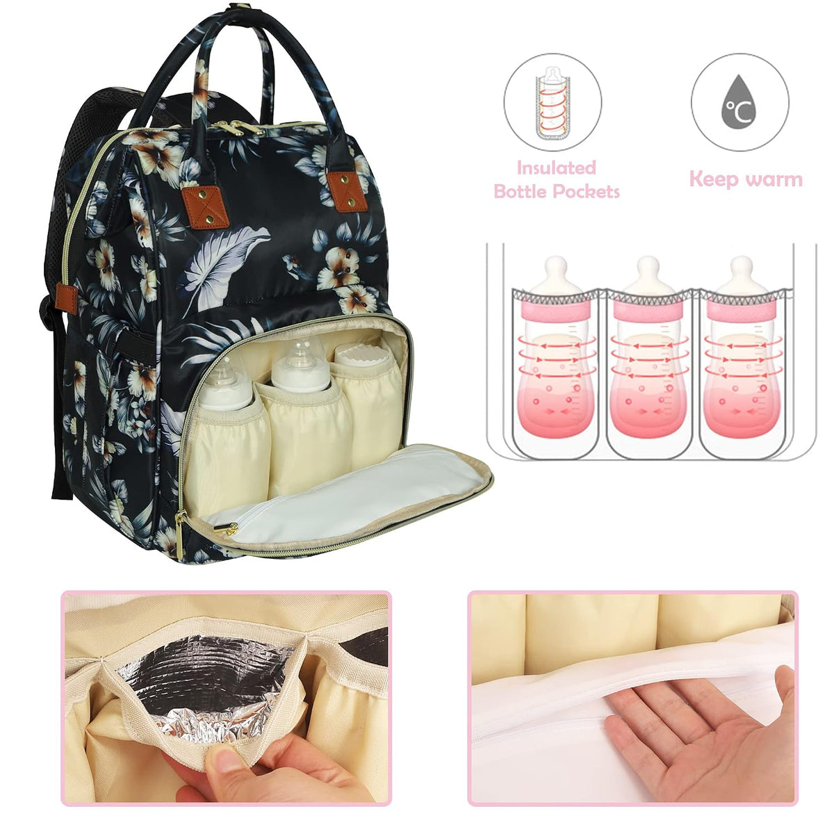 Femuar Diaper Bag Backpack Multifunction Maternity Nappy Baby Bag for Girls & Boys Large Capacity Travel Diaper Bags Dark Black