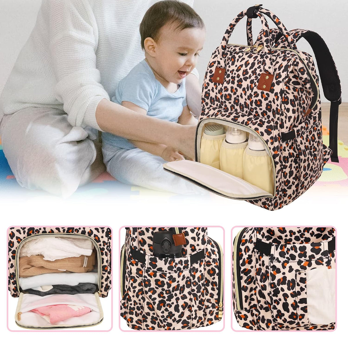 Femuar Diaper Bag Backpack Multifunction Maternity Nappy Baby Bag for Girls & Boys Large Capacity Travel Diaper Bags Dark Black