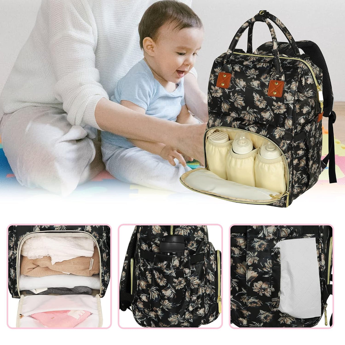 Femuar Diaper Bag Backpack Multifunction Maternity Nappy Baby Bag for Girls & Boys Large Capacity Travel Diaper Bags Dark Black