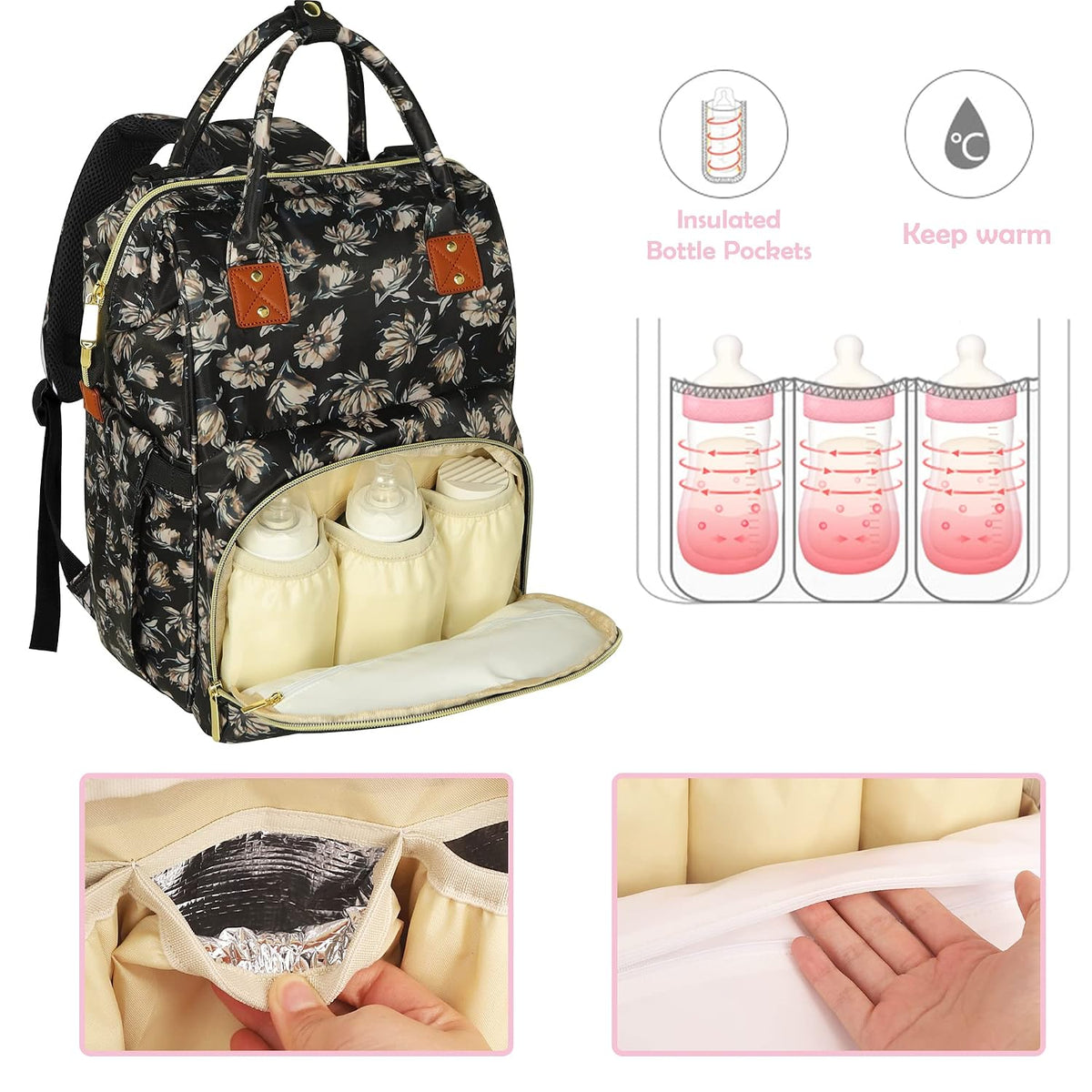Femuar Diaper Bag Backpack Multifunction Maternity Nappy Baby Bag for Girls & Boys Large Capacity Travel Diaper Bags Dark Black