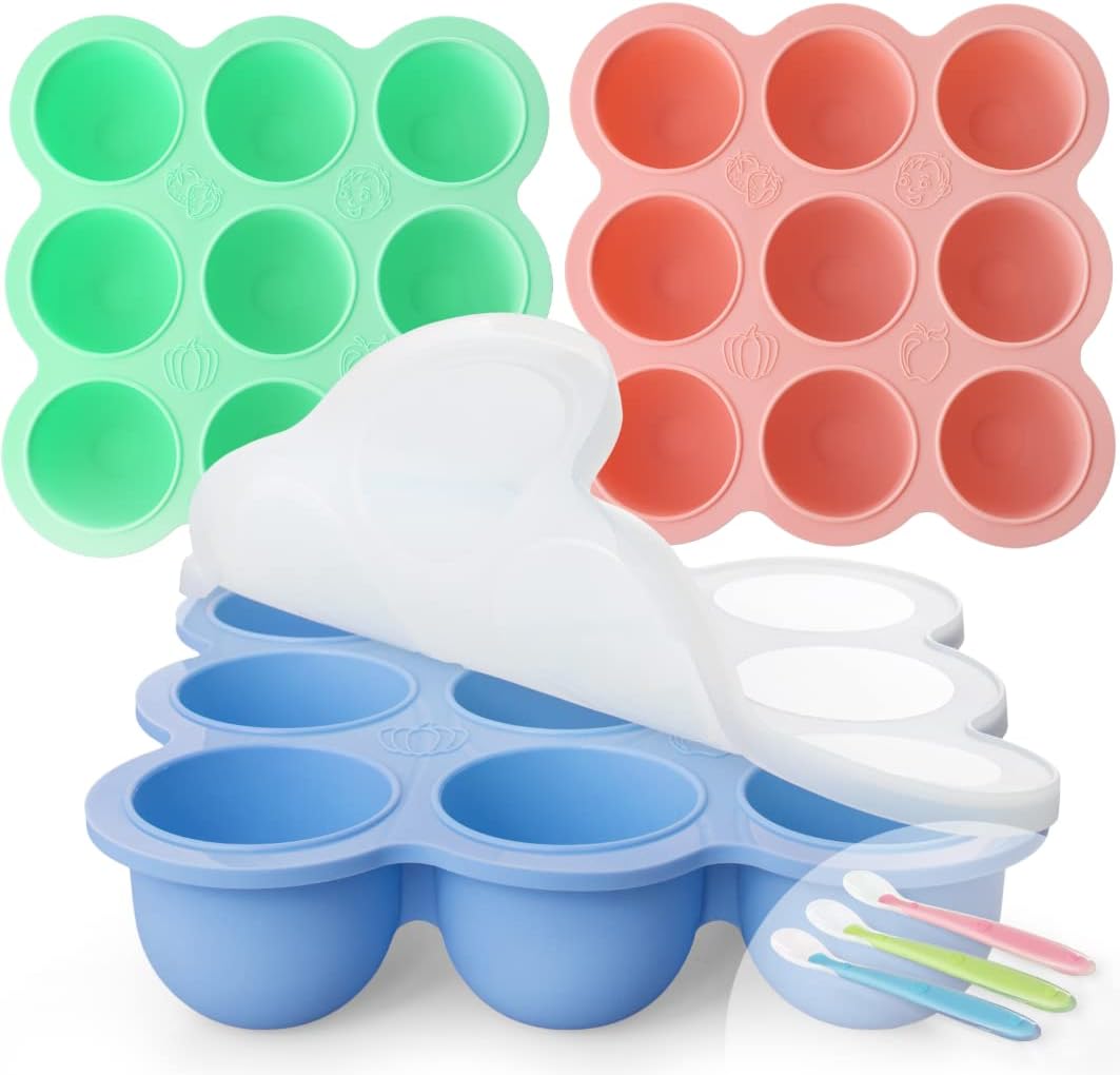 3 Pack Baby Food Storage Containers with Lid and Spoon Reusable Silicone Baby Food Freezer Tray 9 Cup 2.6 oz Stackable Mold Baby Feeding Set for Food Vegetable Fruit Puree and Breastmilk