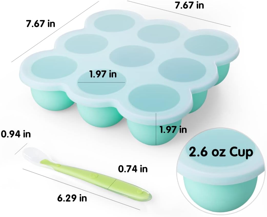 3 Pack Baby Food Storage Containers with Lid and Spoon Reusable Silicone Baby Food Freezer Tray 9 Cup 2.6 oz Stackable Mold Baby Feeding Set for Food Vegetable Fruit Puree and Breastmilk