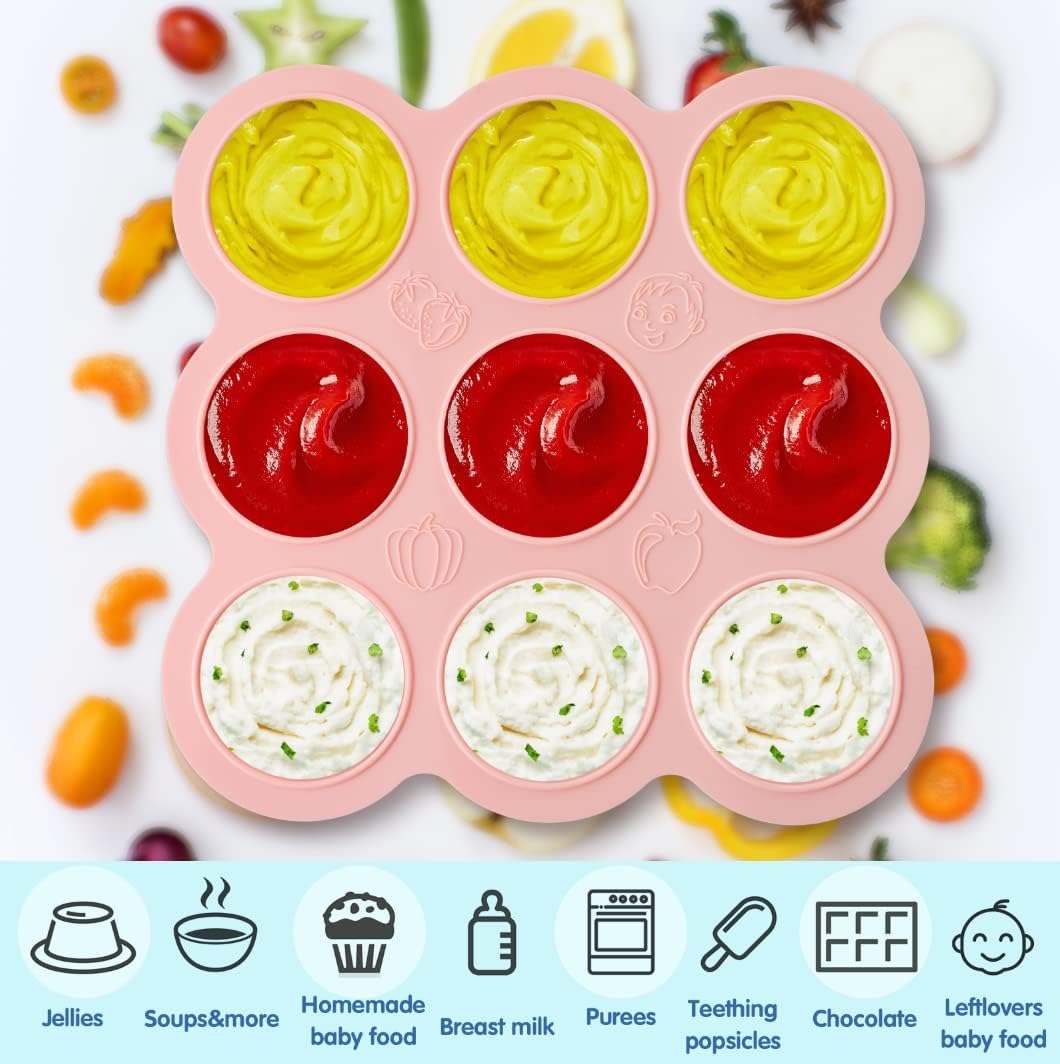 3 Pack Baby Food Storage Containers with Lid and Spoon Reusable Silicone Baby Food Freezer Tray 9 Cup 2.6 oz Stackable Mold Baby Feeding Set for Food Vegetable Fruit Puree and Breastmilk