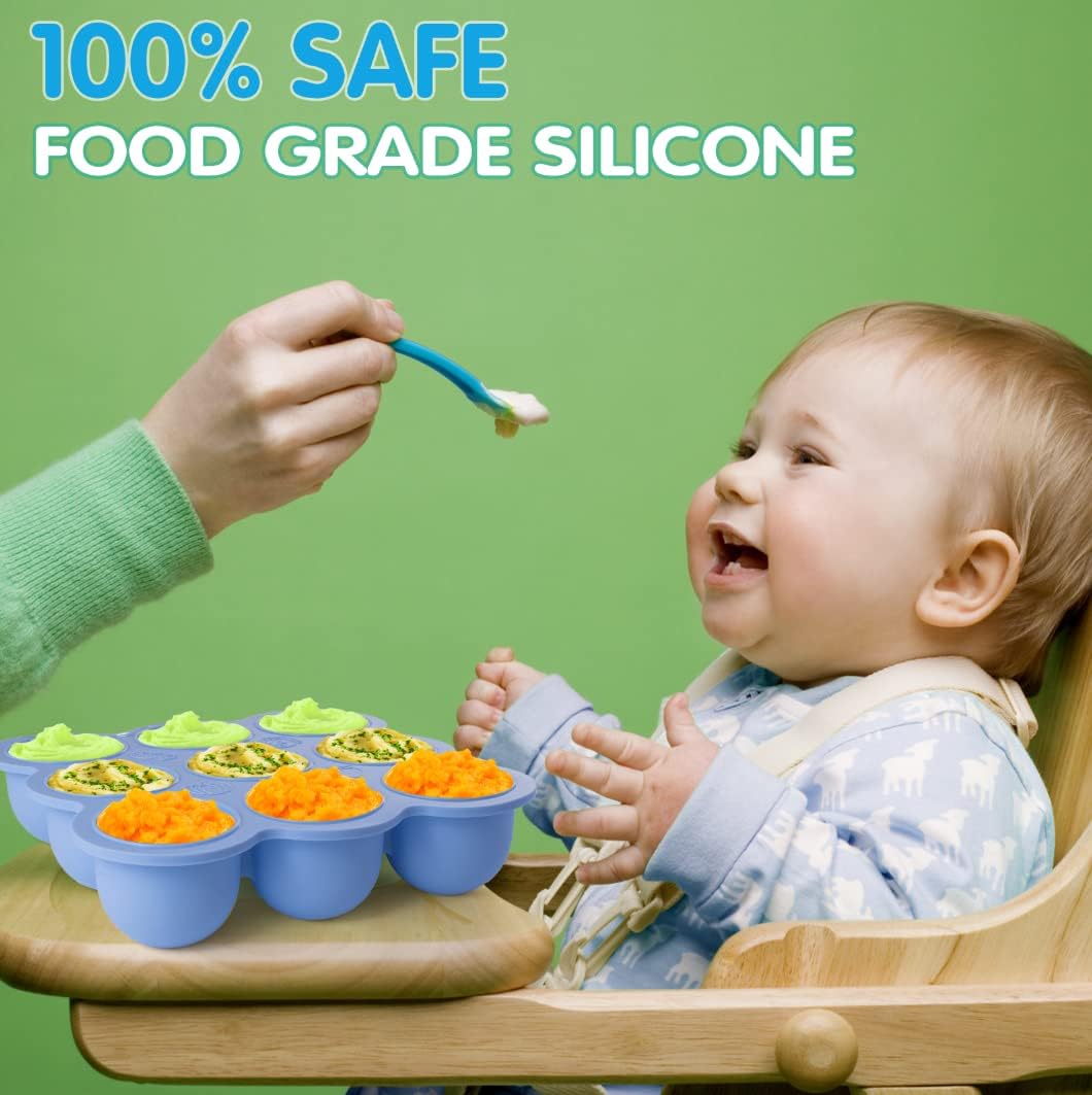 3 Pack Baby Food Storage Containers with Lid and Spoon Reusable Silicone Baby Food Freezer Tray 9 Cup 2.6 oz Stackable Mold Baby Feeding Set for Food Vegetable Fruit Puree and Breastmilk