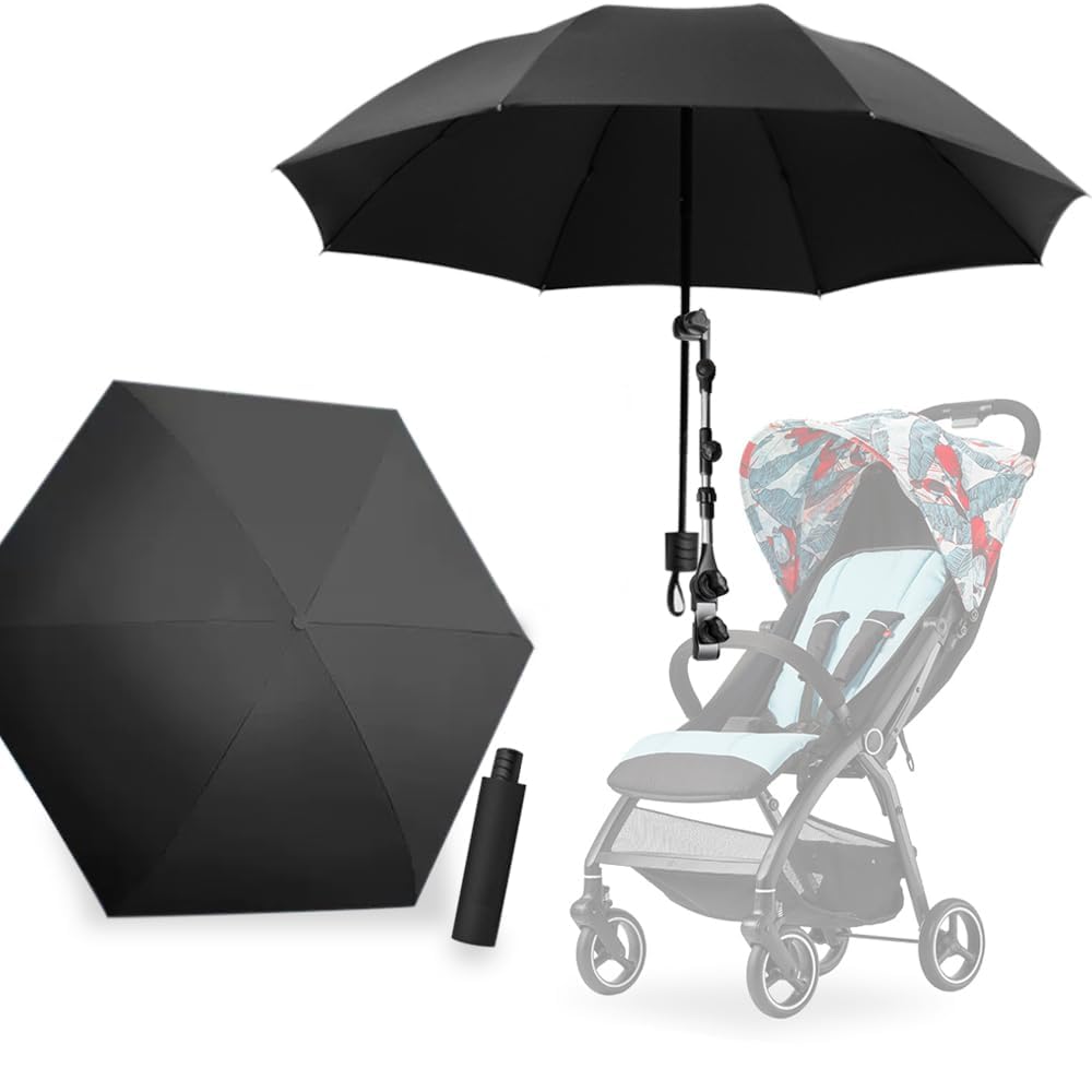 Stroller Umbrella Attachment, Umbrella for Stroller Sunshade, Sun UV Protection Stroller Sun Shade,Clip on Umbrella for Stroller， Adjustable Steering Angle, for All Kinds of Strollers