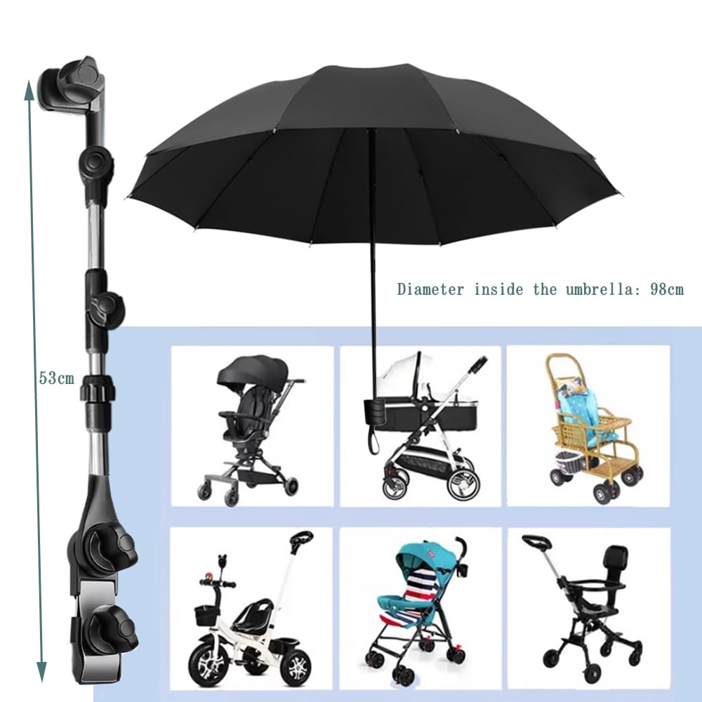 Stroller Umbrella Attachment, Umbrella for Stroller Sunshade, Sun UV Protection Stroller Sun Shade,Clip on Umbrella for Stroller， Adjustable Steering Angle, for All Kinds of Strollers