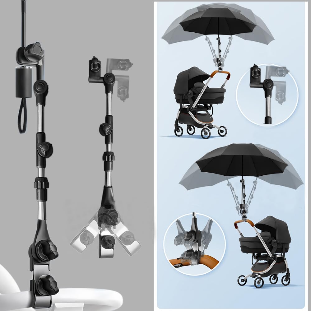 Stroller Umbrella Attachment, Umbrella for Stroller Sunshade, Sun UV Protection Stroller Sun Shade,Clip on Umbrella for Stroller， Adjustable Steering Angle, for All Kinds of Strollers