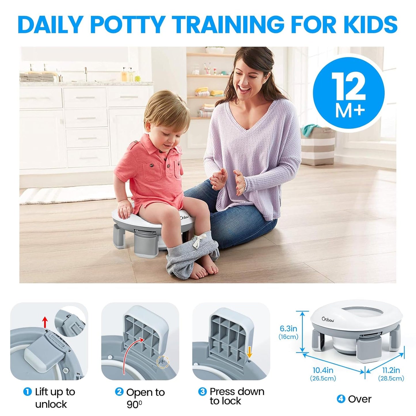 Orzbow Portable Potty Training Chair for Toddler, Travel Emergency Toilet | On-The-Go Collapsible Toilet Seat, Splash Guard for 18+ Month Kids, Includes Free Carry Bag and 40 Liners, Indoor/Outdoor Use