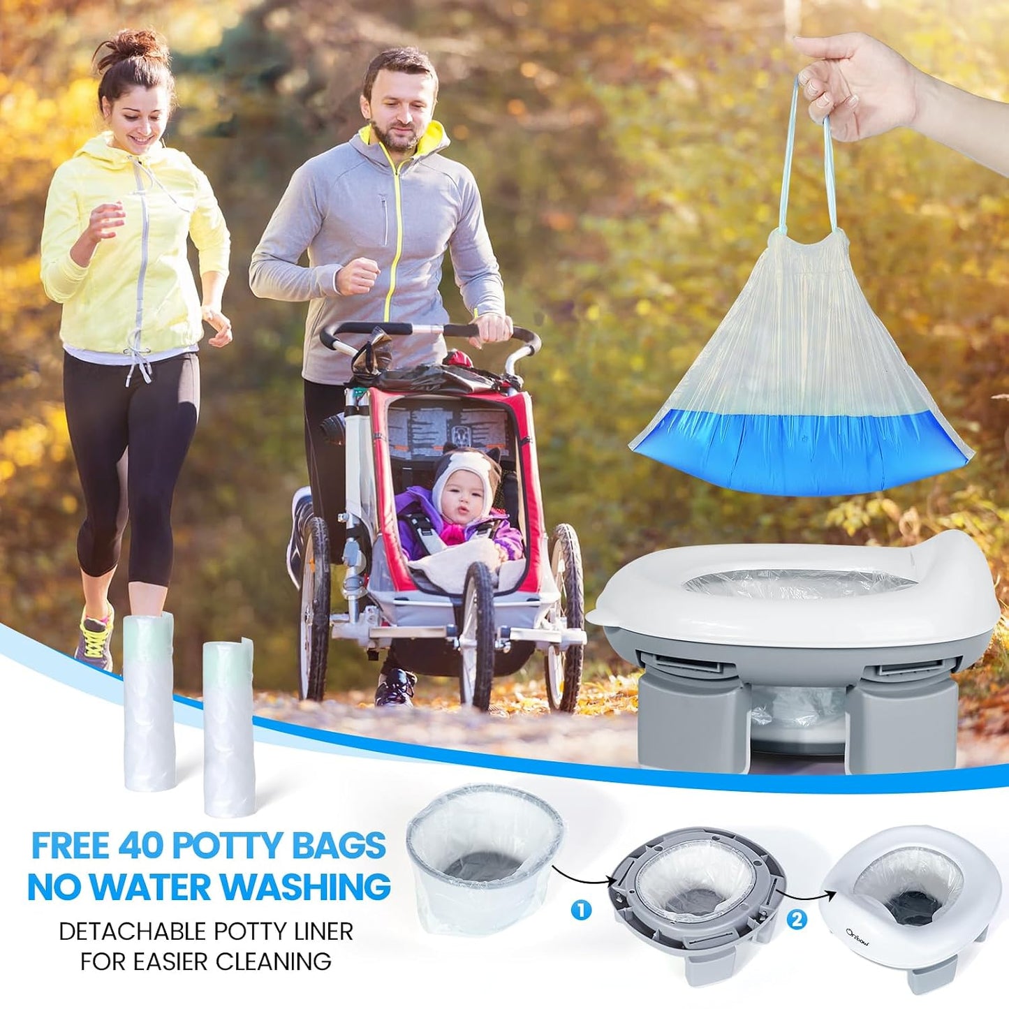 Orzbow Portable Potty Training Chair for Toddler, Travel Emergency Toilet | On-The-Go Collapsible Toilet Seat, Splash Guard for 18+ Month Kids, Includes Free Carry Bag and 40 Liners, Indoor/Outdoor Use