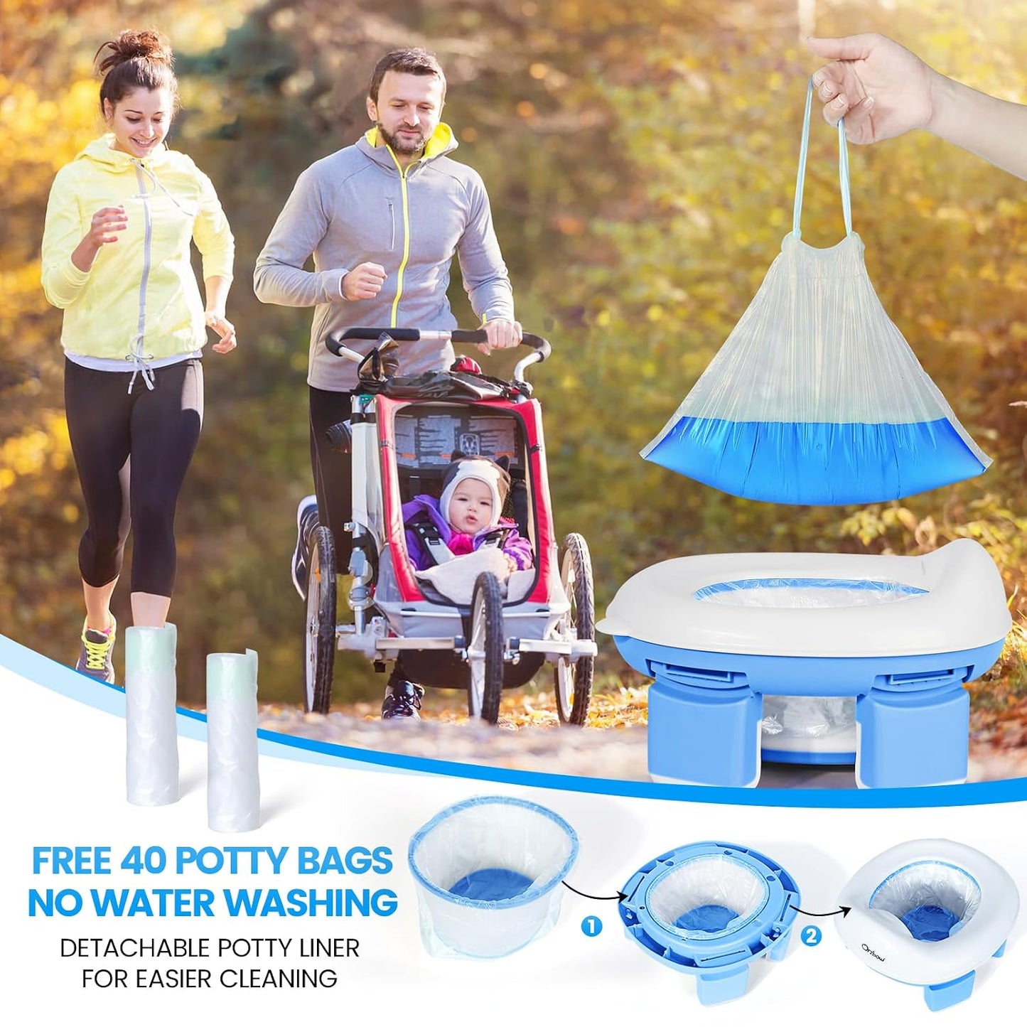 Orzbow Portable Potty Training Chair for Toddler, Travel Emergency Toilet | On-The-Go Collapsible Toilet Seat, Splash Guard for 18+ Month Kids, Includes Free Carry Bag and 40 Liners, Indoor/Outdoor Use