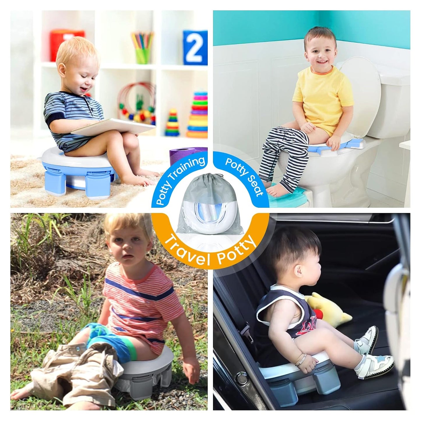 Orzbow Portable Potty Training Chair for Toddler, Travel Emergency Toilet | On-The-Go Collapsible Toilet Seat, Splash Guard for 18+ Month Kids, Includes Free Carry Bag and 40 Liners, Indoor/Outdoor Use