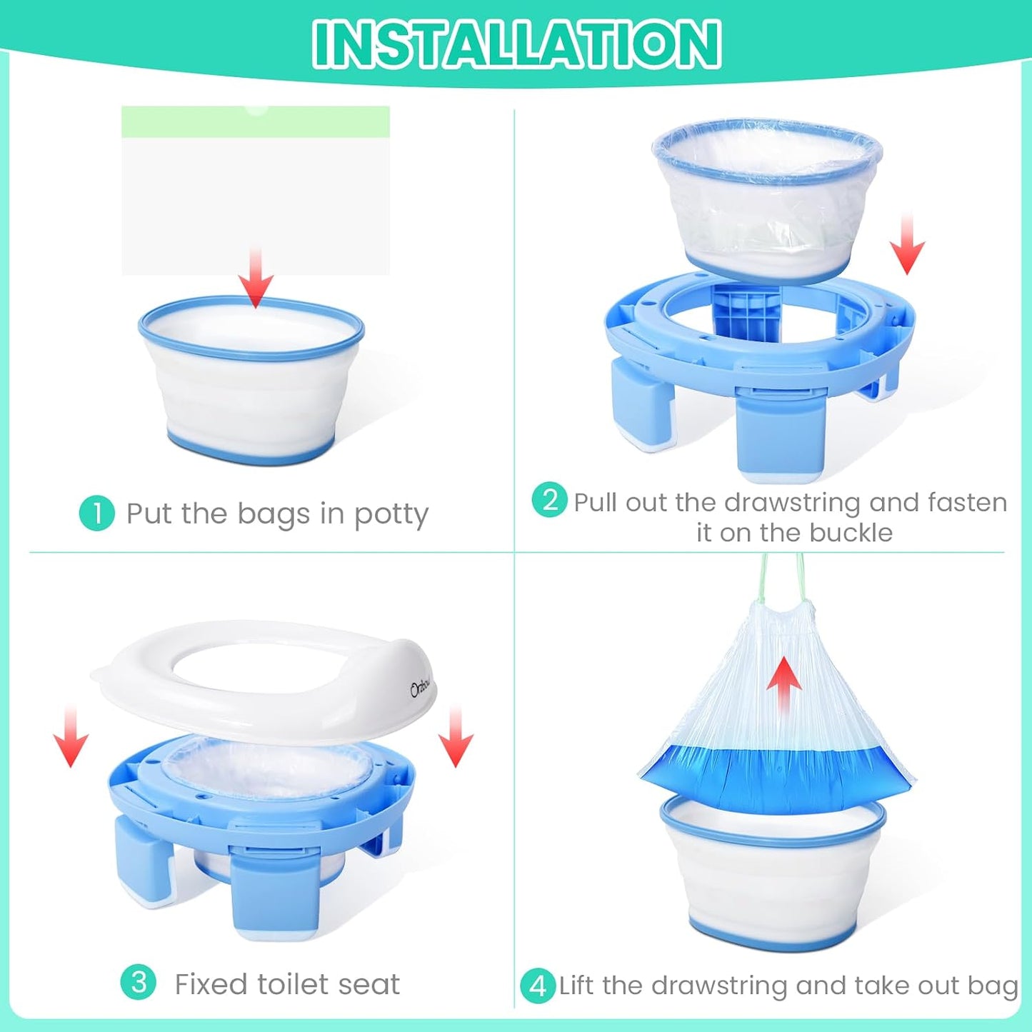 Orzbow Portable Potty Training Chair for Toddler, Travel Emergency Toilet | On-The-Go Collapsible Toilet Seat, Splash Guard for 18+ Month Kids, Includes Free Carry Bag and 40 Liners, Indoor/Outdoor Use