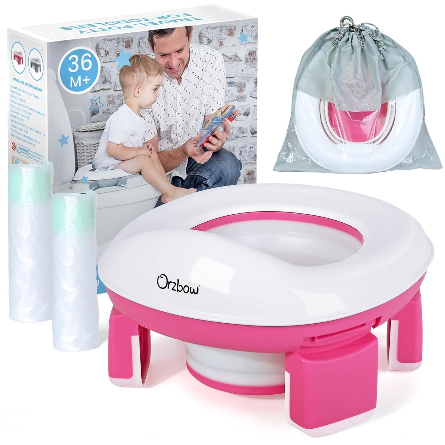 Orzbow Portable Potty Training Chair for Toddler, Travel Emergency Toilet | On-The-Go Collapsible Toilet Seat, Splash Guard for 18+ Month Kids, Includes Free Carry Bag and 40 Liners, Indoor/Outdoor Use