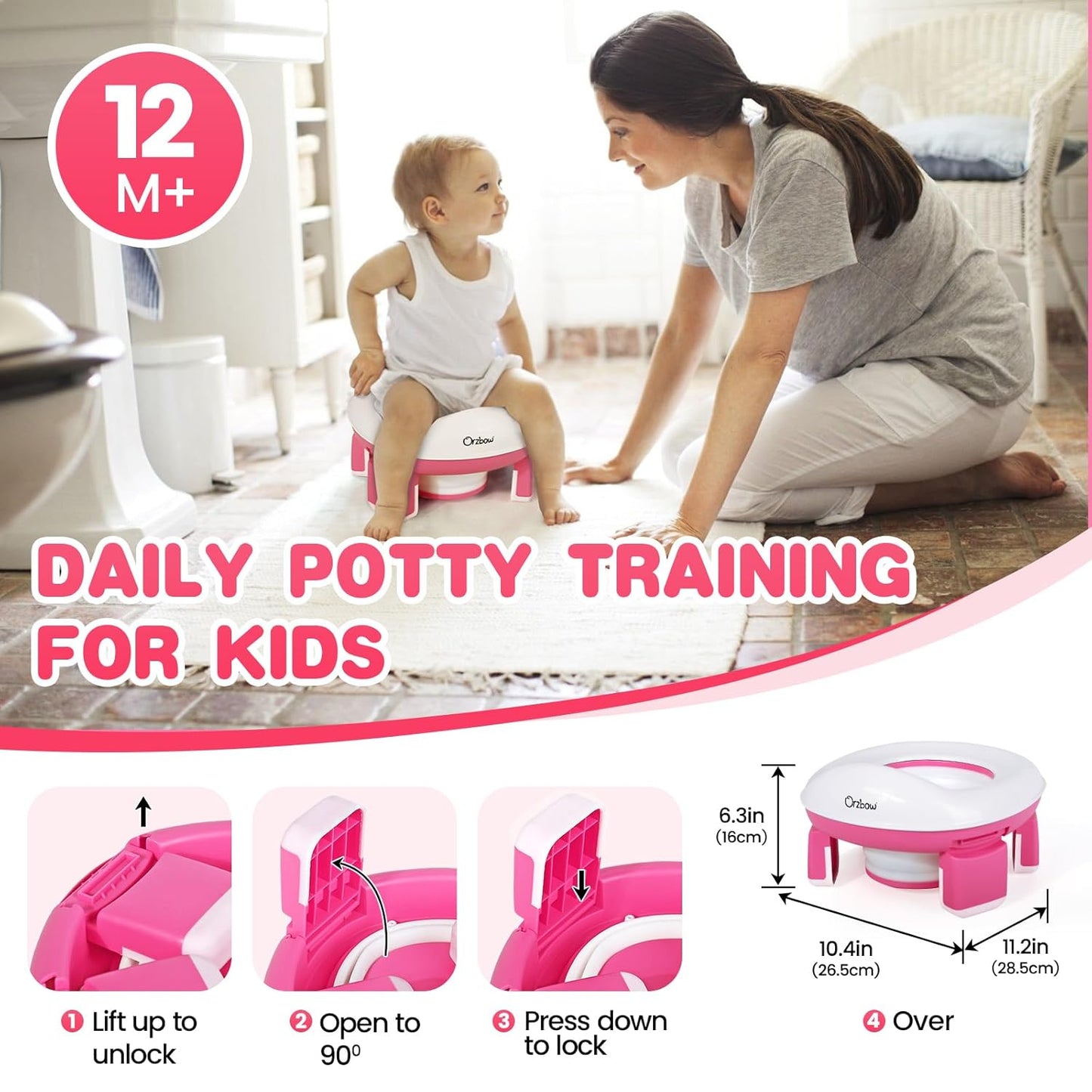 Orzbow Portable Potty Training Chair for Toddler, Travel Emergency Toilet | On-The-Go Collapsible Toilet Seat, Splash Guard for 18+ Month Kids, Includes Free Carry Bag and 40 Liners, Indoor/Outdoor Use