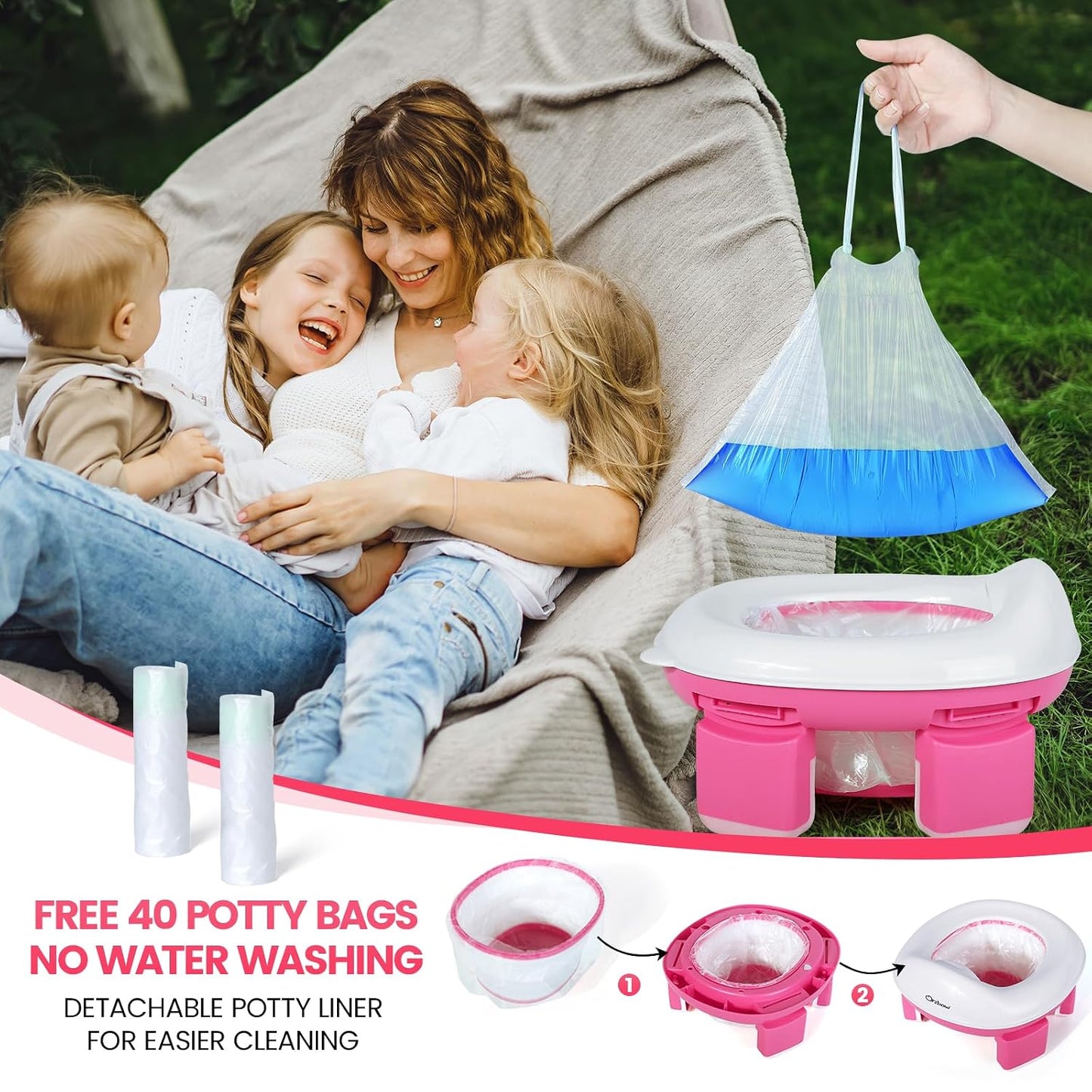 Orzbow Portable Potty Training Chair for Toddler, Travel Emergency Toilet | On-The-Go Collapsible Toilet Seat, Splash Guard for 18+ Month Kids, Includes Free Carry Bag and 40 Liners, Indoor/Outdoor Use