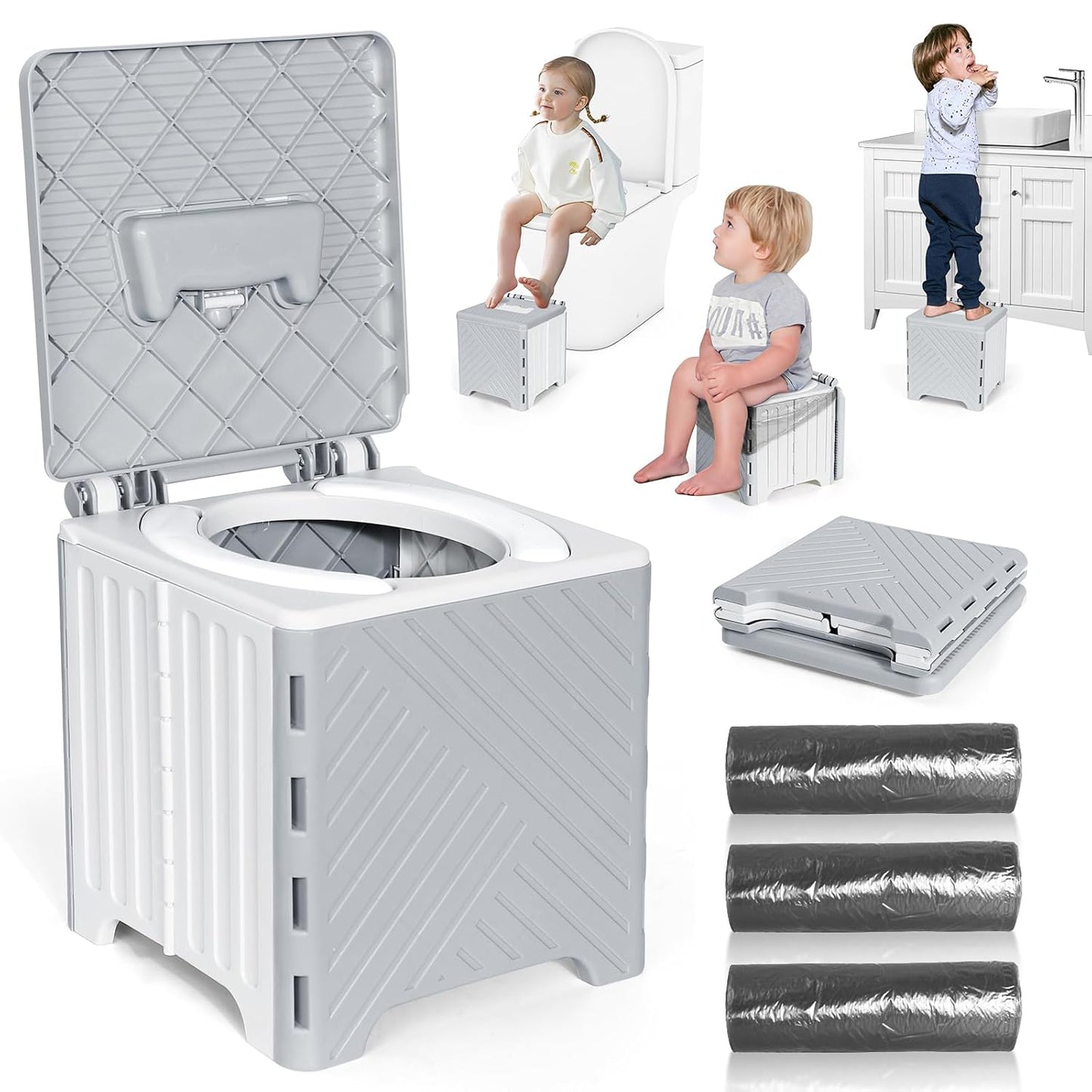 Orzbow Portable Potty Training Chair for Toddler, Travel Emergency Toilet | On-The-Go Collapsible Toilet Seat, Splash Guard for 18+ Month Kids, Includes Free Carry Bag and 40 Liners, Indoor/Outdoor Use