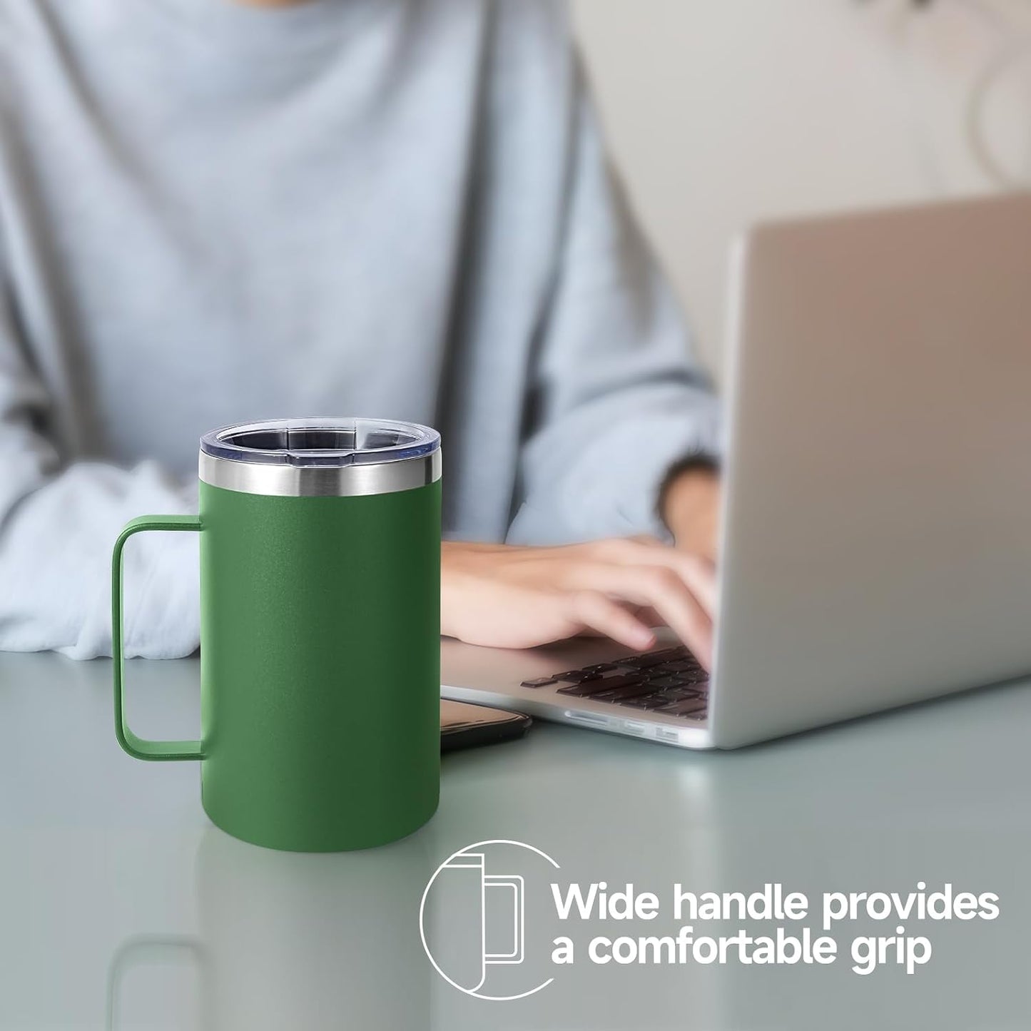 Volhoply 16oz Insulated Coffee Mug with Lid and Straw, Stainless Steel Travel Mugs with Handle, Double Wall Vacuum Leak Proof Coffee Tumbler Cup (White,1)